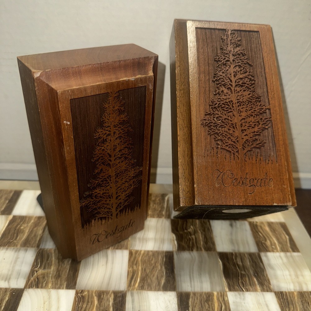 Vintage Solid Walnut Bookends Pine Cedar Tree Laser Craft Engraved 1970s Wood