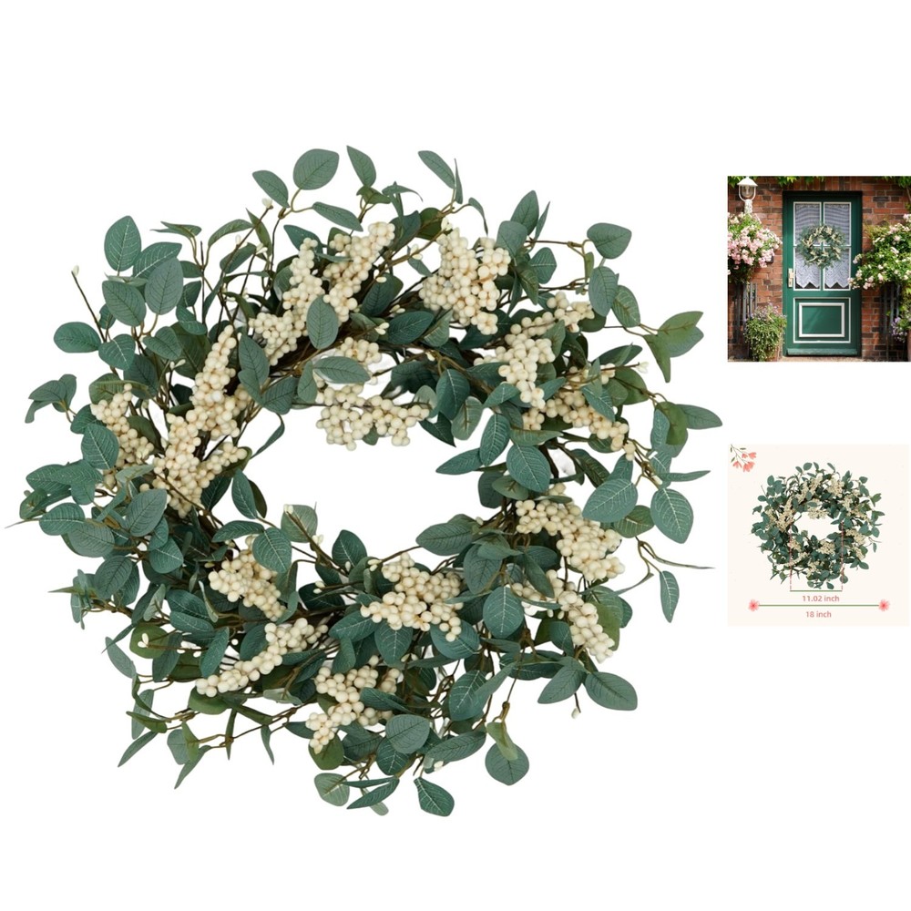 Durable 18" Spring Wreath with Eucalyptus & White Berries for -Round Charm