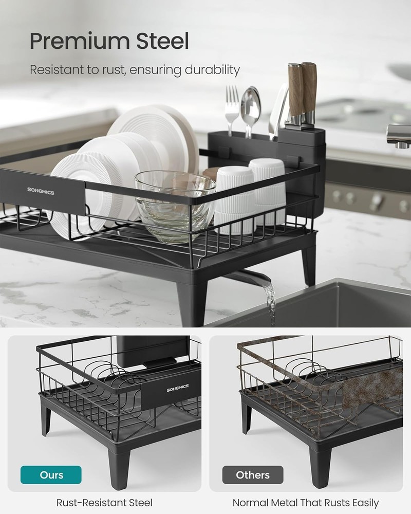 Dish Drying Rack, Kitchen Dish Rack with Drainboard, 360° Rotatable