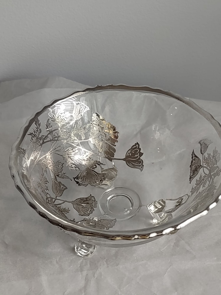 Silver Edged Glass Inlay Three Footed Dish Bowl