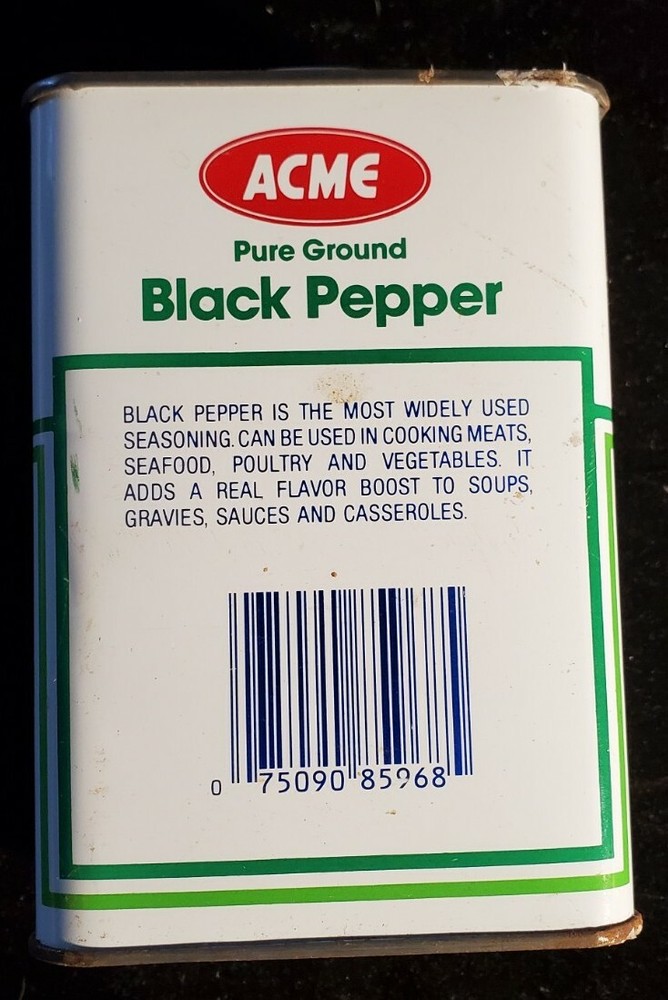 acme black pepper tin, empty. Our number t1665