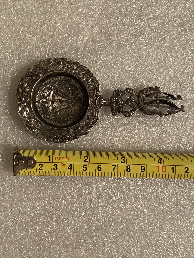 Very Fine Dutch Silver Hallmarked Repousse Tea Strainer Figural Sailing Ships