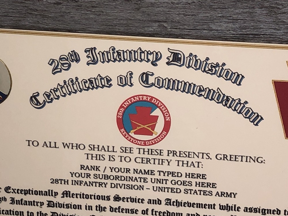 28TH INFANTRY DIVISION / COMMEMORATIVE - CERTIFICATE OF COMMENDATION