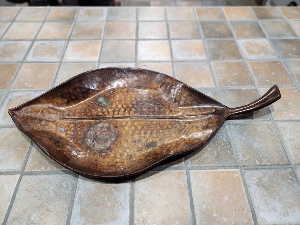 Solid Copper Leaf Tray w/ Handle Patina Some Vertigree