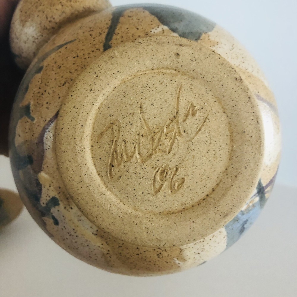 Studio Art Pottery Stoneware Teapot Bamboo Handle & Cup Speckled Glaze Signed