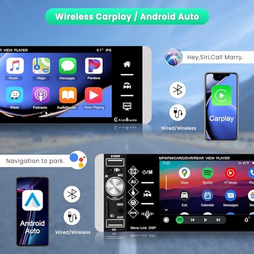 5.1 Inch Single Din Touchscreen Radio with Wireless Carplay/Android Auto,