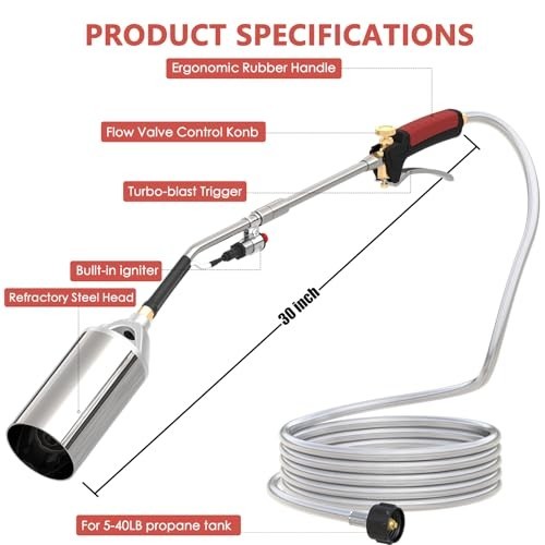 High Output Propane Torch Weed Burner Kit - 10FT Hose, Flame Control, Turbo Igni