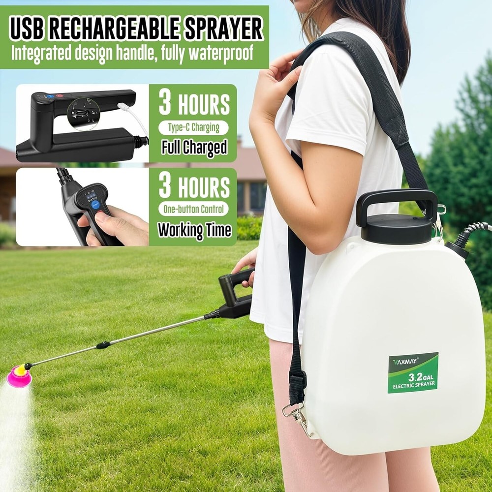 Battery Powered Sprayer 3.2 Gallon, Backpack Sprayer with 3 Adjustable Speeds B