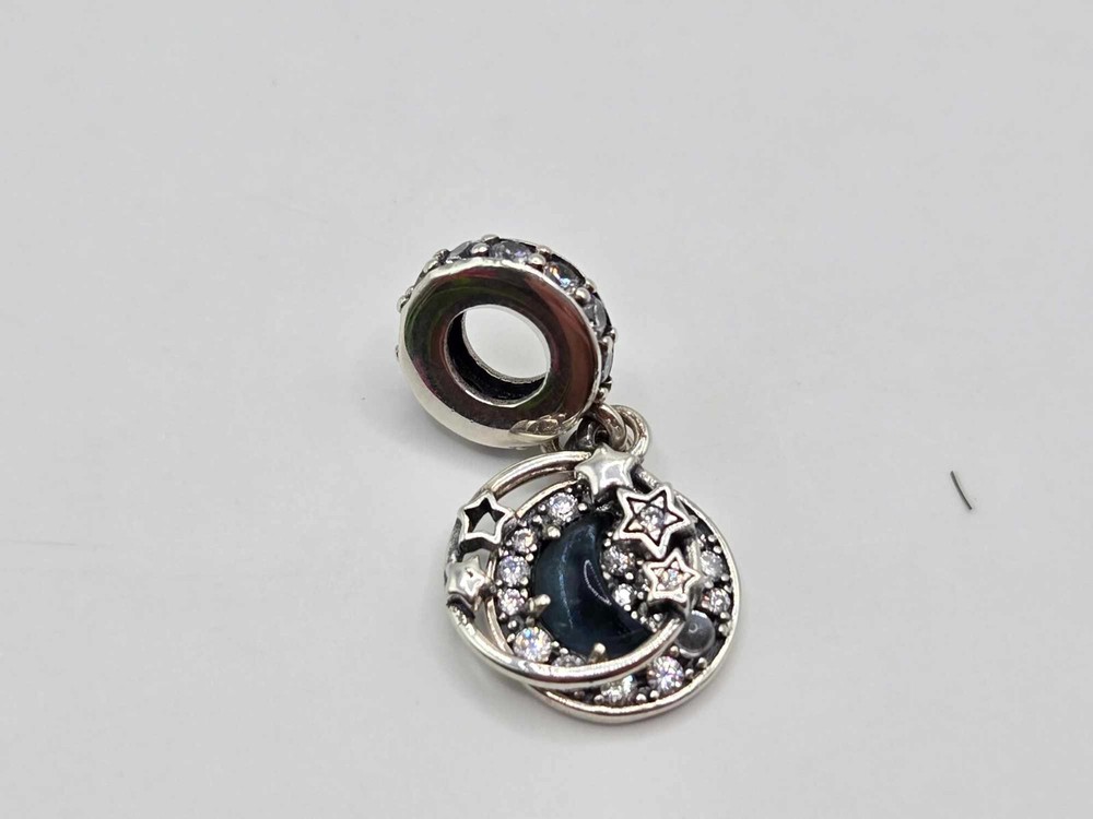 Authentic Pandora Charm Blue Night Sky Crescent Moon & Stars Dangle