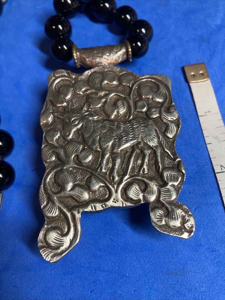 Boho Onyx Silver Tone Etched Frog Pendant Reversible Statement Necklace 20” DS