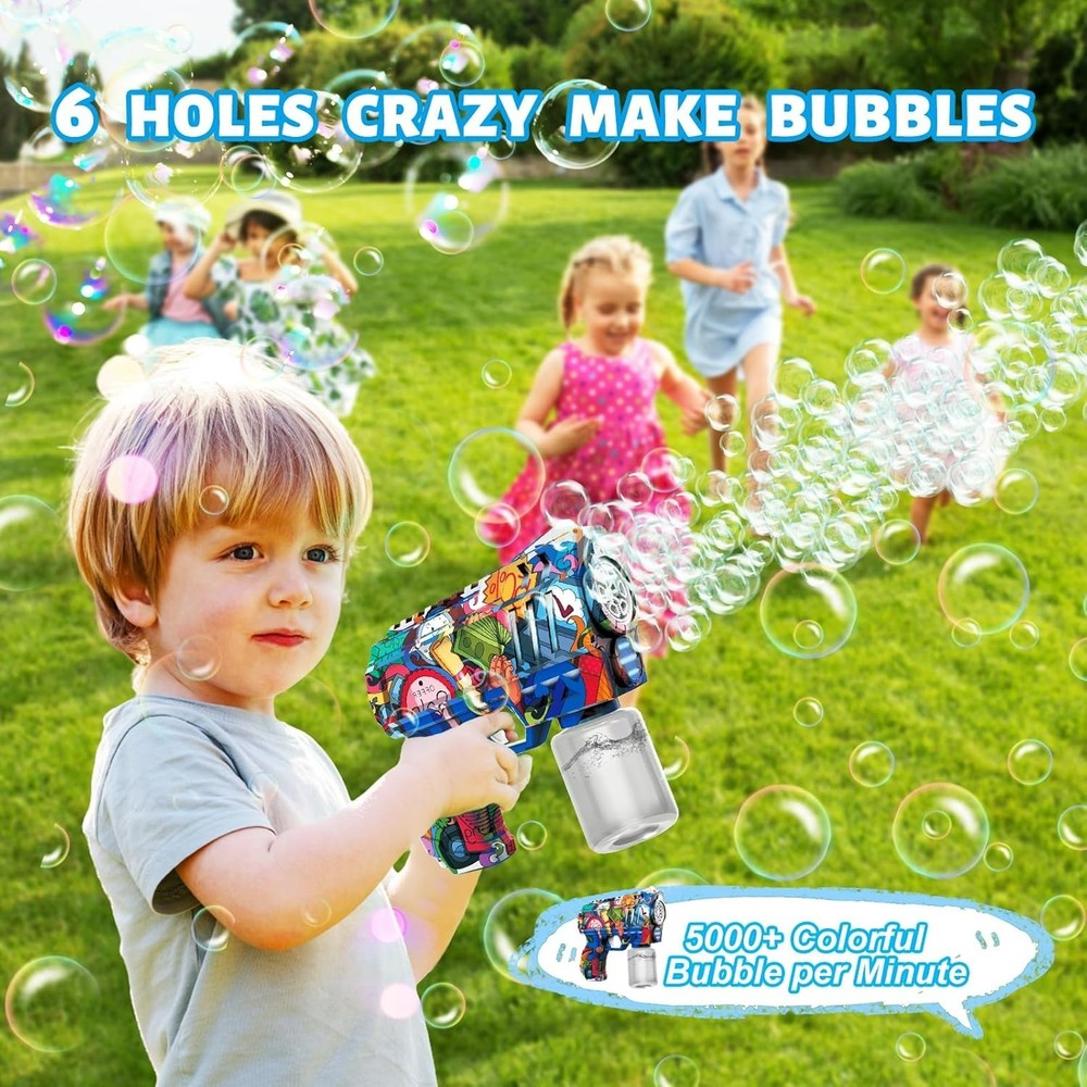 Kids Bubble Gun LED Lights 6 Hole Automatic Bubble Machine Toy Leakproof...
