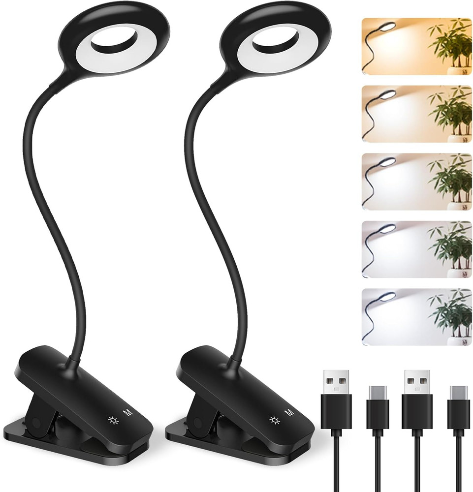2Pack Clip on Reading Light, 5 Colors 5 Brightness Bed Light for Headboard, Batt