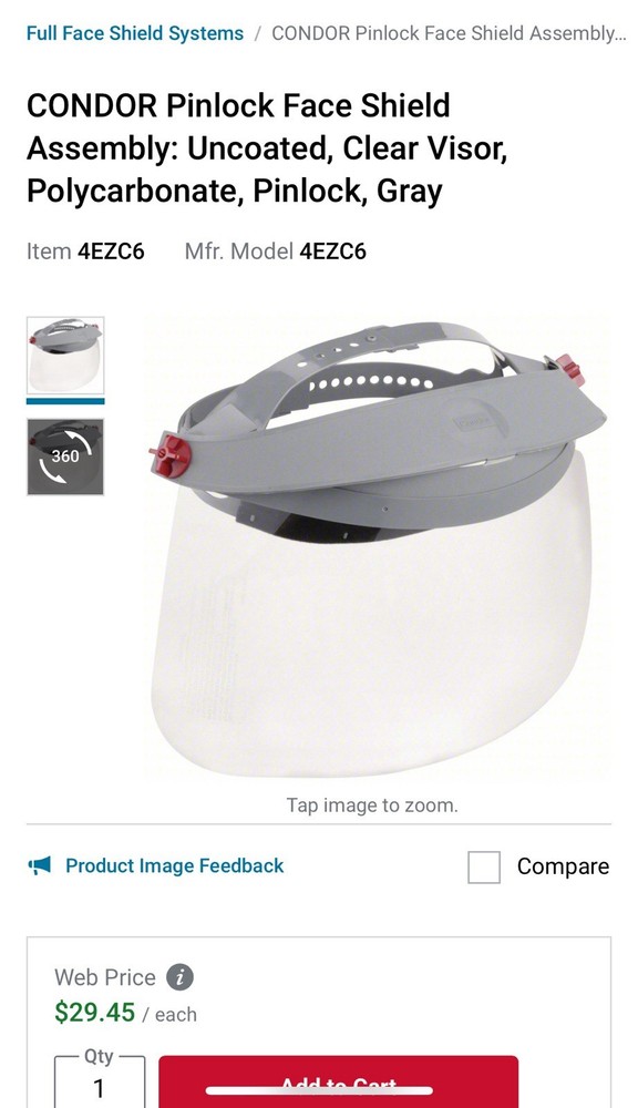 CONDOR Pinlock Face Shield Assembly: Uncoated, Clear Visor, Polycarbonate