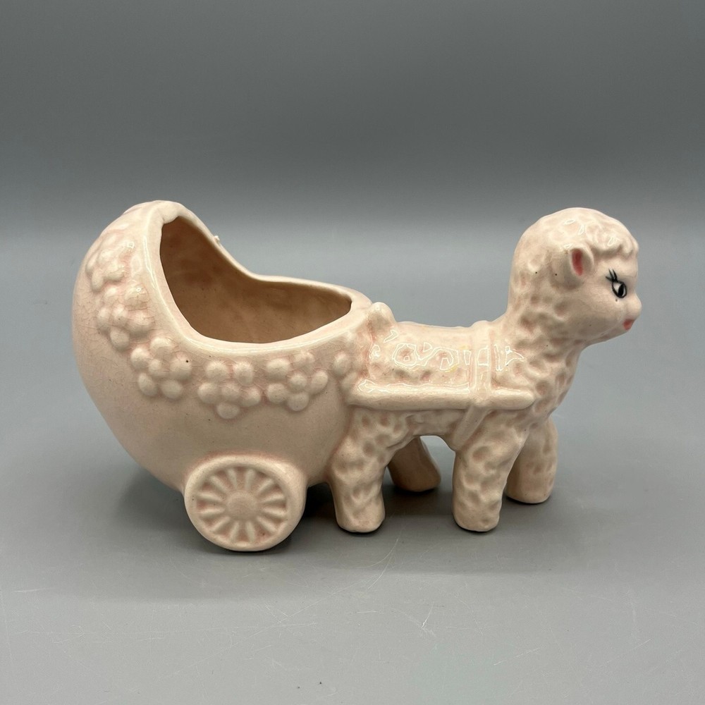 Vintage Lamb/Sheep 6.5" Ceramic Pulling Carriage/Cart Planter Light Pink