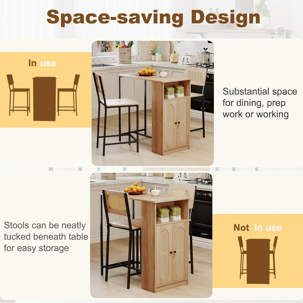 Boho 3-Pc High Top Table & Stools Set with Storage, Metal Frame, Counter Height