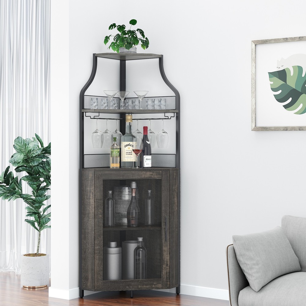 Corner Tall Wine Bar Cabinet Sturdy with Removable Wine Rack & Adjustable Shelf