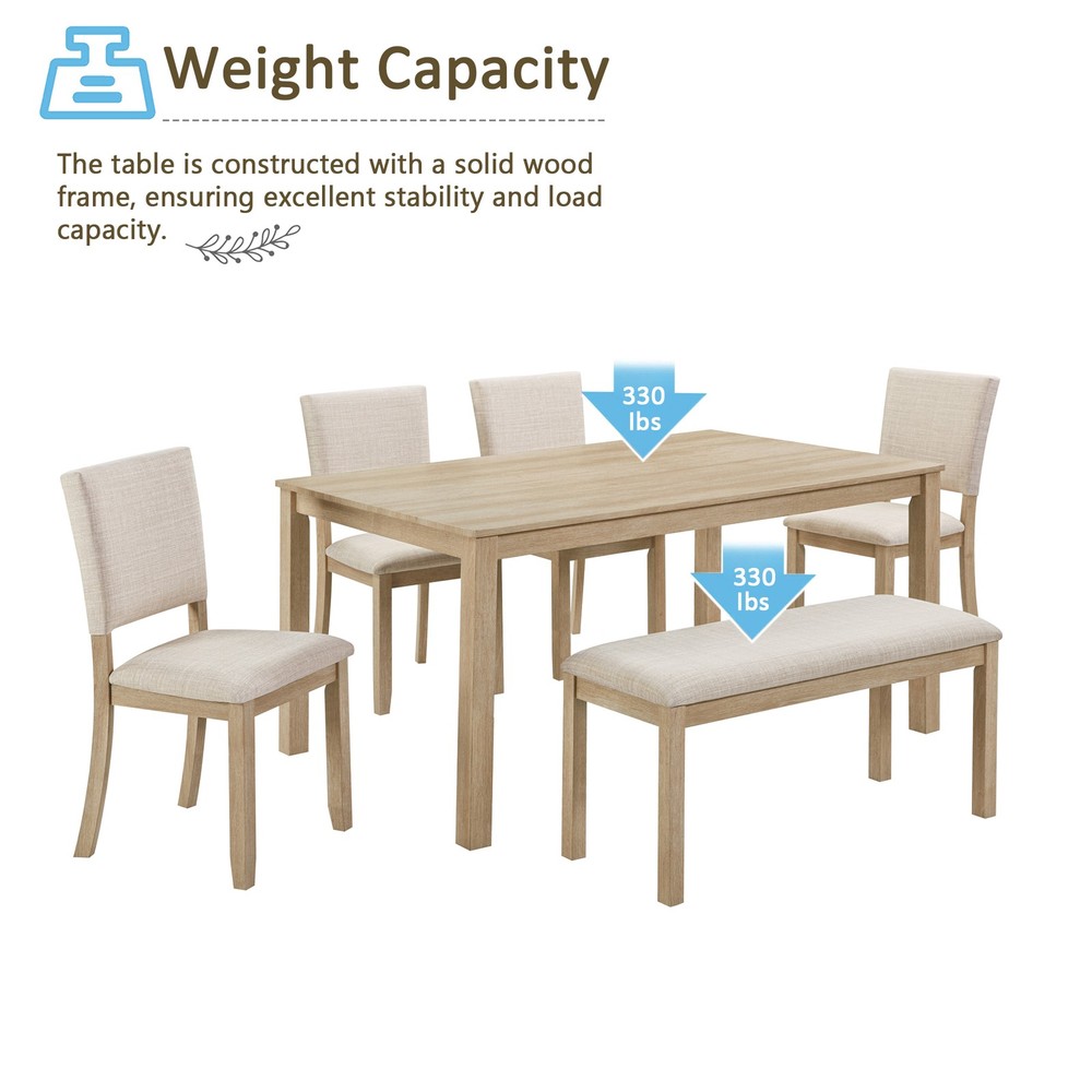 6Pack Dining Table Set with Bench, Wooden Rectangular Kitchen Table Set, Modern