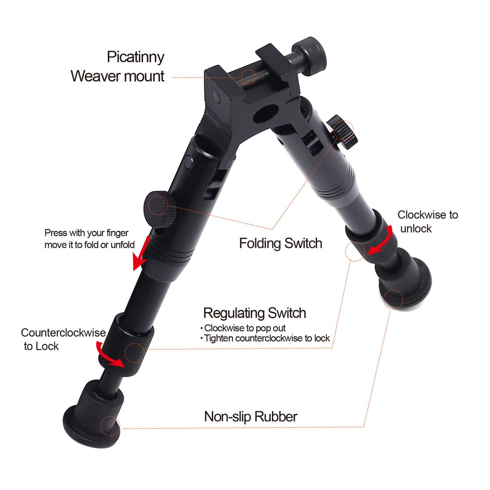 6'' Short Tactical Bipod Adjustable Spring Return 20mm Picatinny Mount Adapter