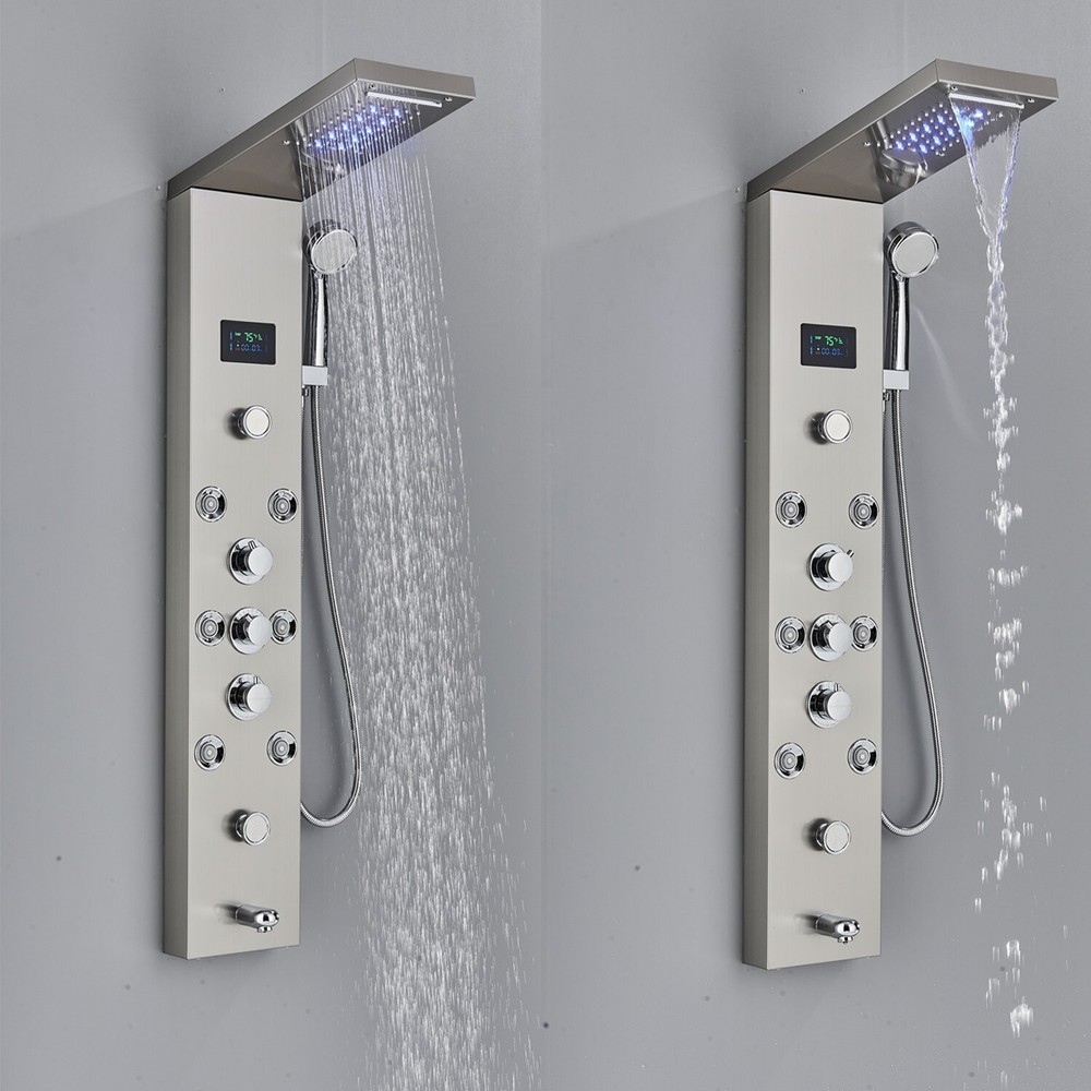 Rain&Waterfall Shower Panel Tower System Stainless Steel 6-Function LED Massage