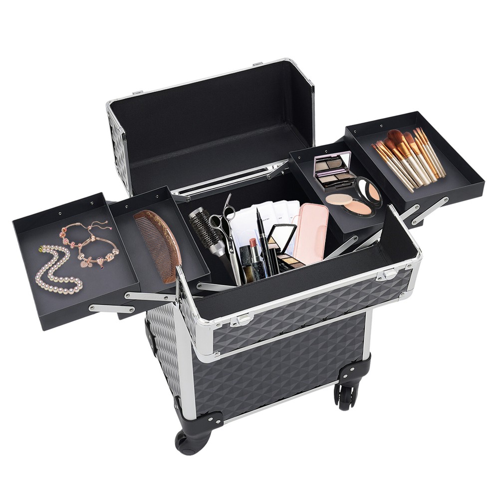 Professional Rolling Makeup Case with Aluminum Frame and Large Capacity