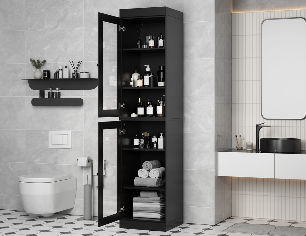 100% Solid Wood 16.5" Bathroom Cabinet, Glass Doors
