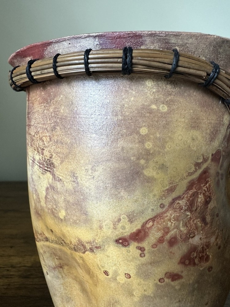Pottery Vase Threaded Bamboo Rim, Primitive Pottery, Signed, Unique