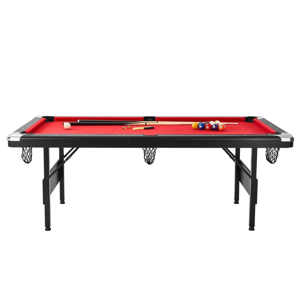 7ft Foldable Billiard Table MDF Top Iron Art Frame Adjustable Black Red Felt