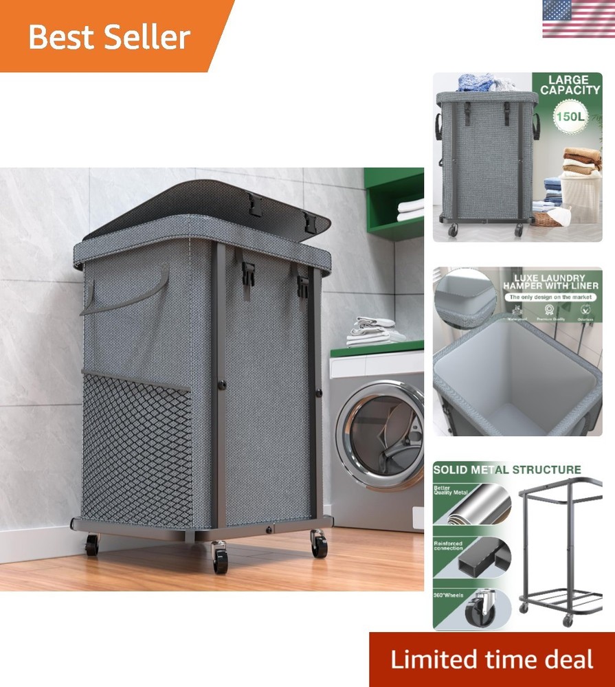 Heavy-Duty 150L Laundry Basket with Wheels, Metal Frame, Removable Bag