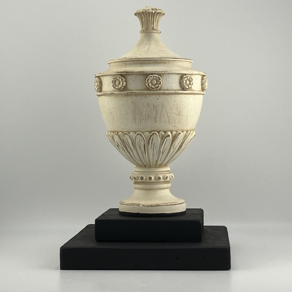 Decorative Neoclassical Lidded Vase on Wood Base 8”