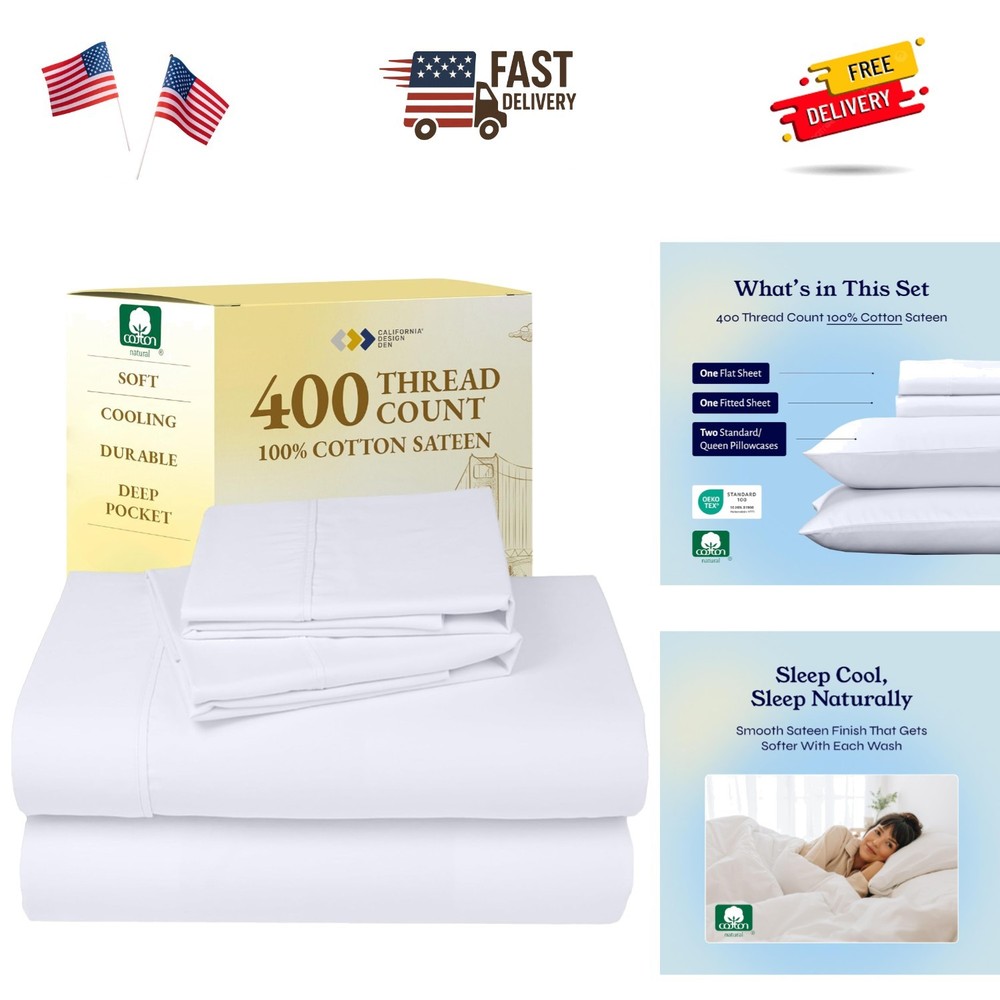 Natural 100% Cotton Sheets Queen Size Bed Set - Soft 400 Thread Count Sateen,...