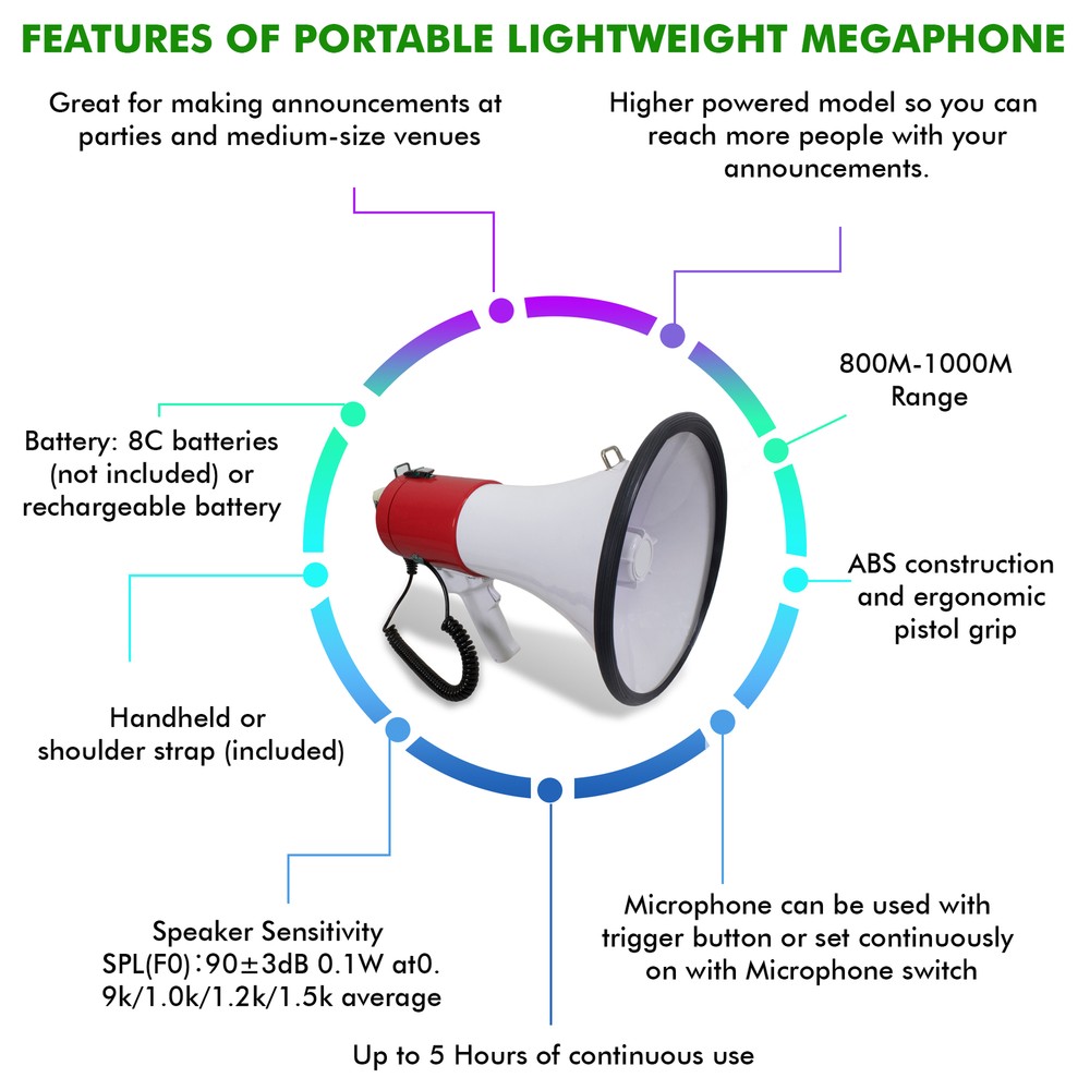 Technical Pro 50 Watt Portable Megaphone W/ Strap,Siren,Volume Control