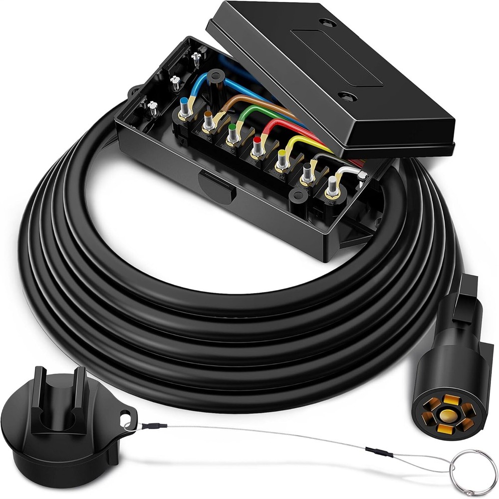 8FT 7 Way Plug Inline Pre-Wired Trailer BLACK Cord w/Junction Box Wiring Cable