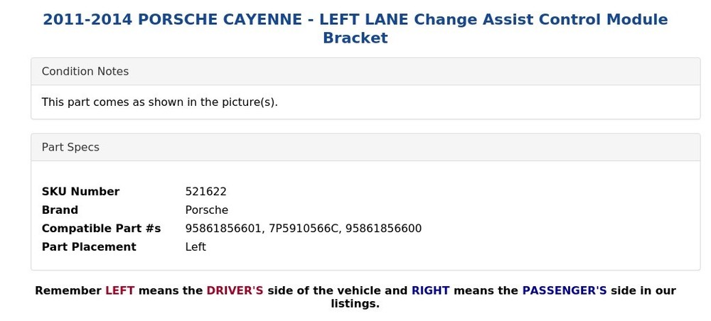2011-2014 PORSCHE CAYENNE - LEFT LANE Change Assist Control Module Bracket