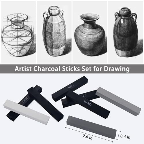 24 Pcs Compressed Charcoal Sticks with Soft Medium Hard and White Charcoal - ...