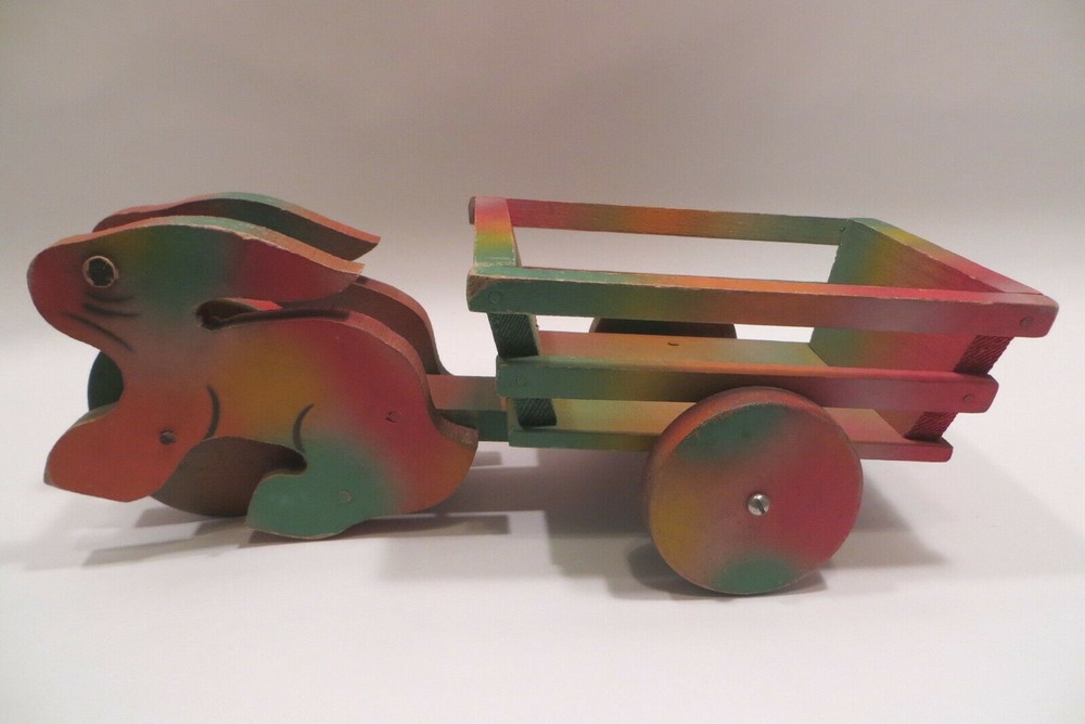 Vintage Easter Bunny Rabbit Cart Wood Pull Toy