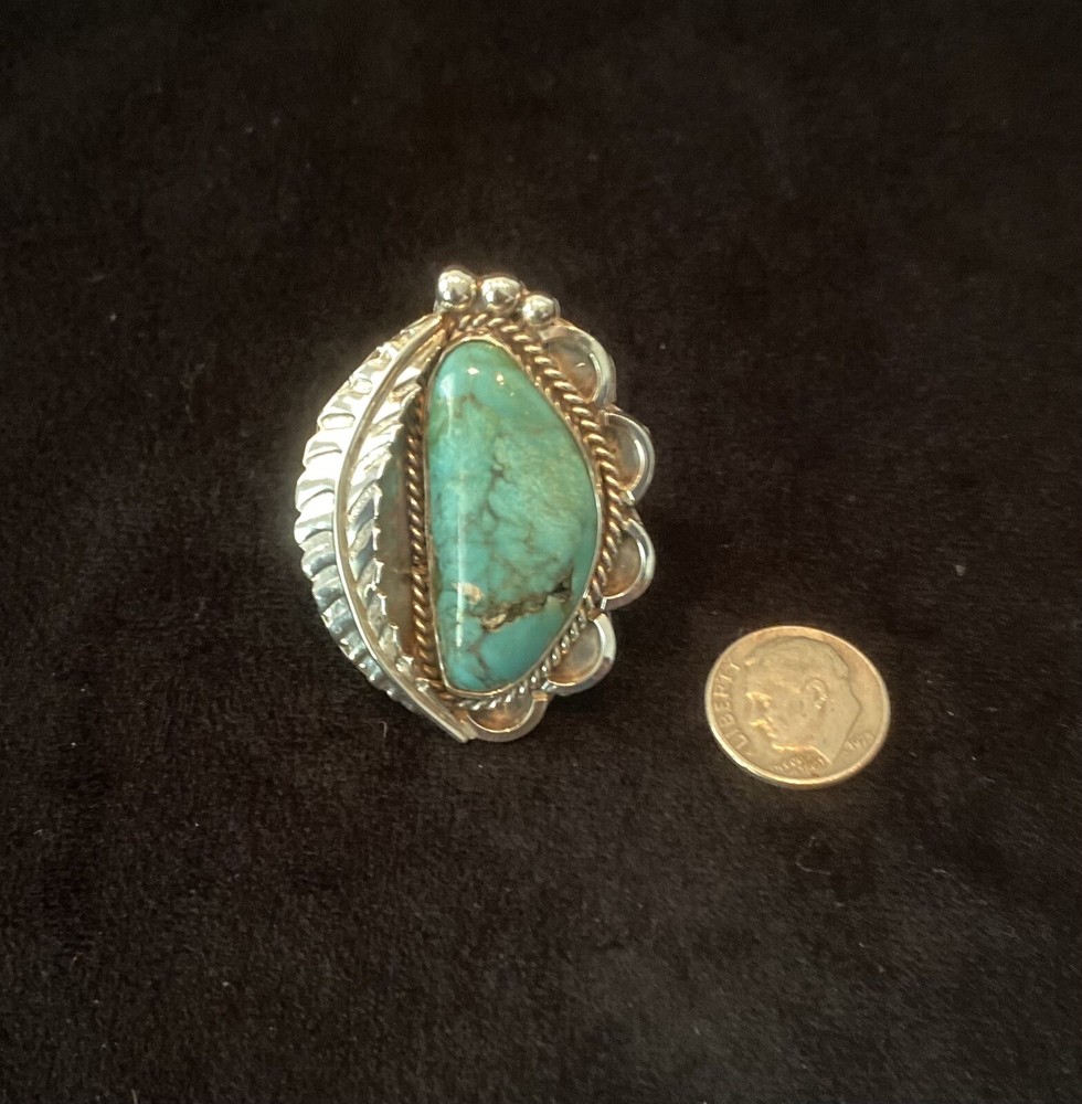 Heavy Silver Large Cabochon Morenci Turquoise Ring