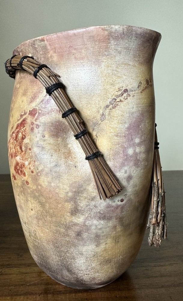 Pottery Vase Threaded Bamboo Rim, Primitive Pottery, Signed, Unique