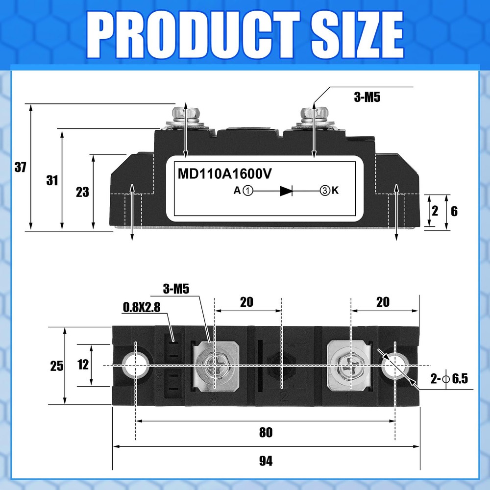 Yexiya 2 Pcs MD 110A (100A)-16 Solar Diode, Anti Reverse One Way Diode Use Volta