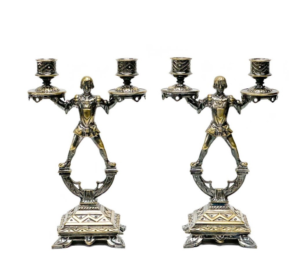 Pair Figural Squires Silver Plate Candlestick Holders circa 1900