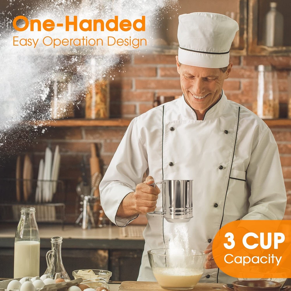 Stainless Steel 3 Cup Flour Sifter Double-layer Ideal for Baking Needs