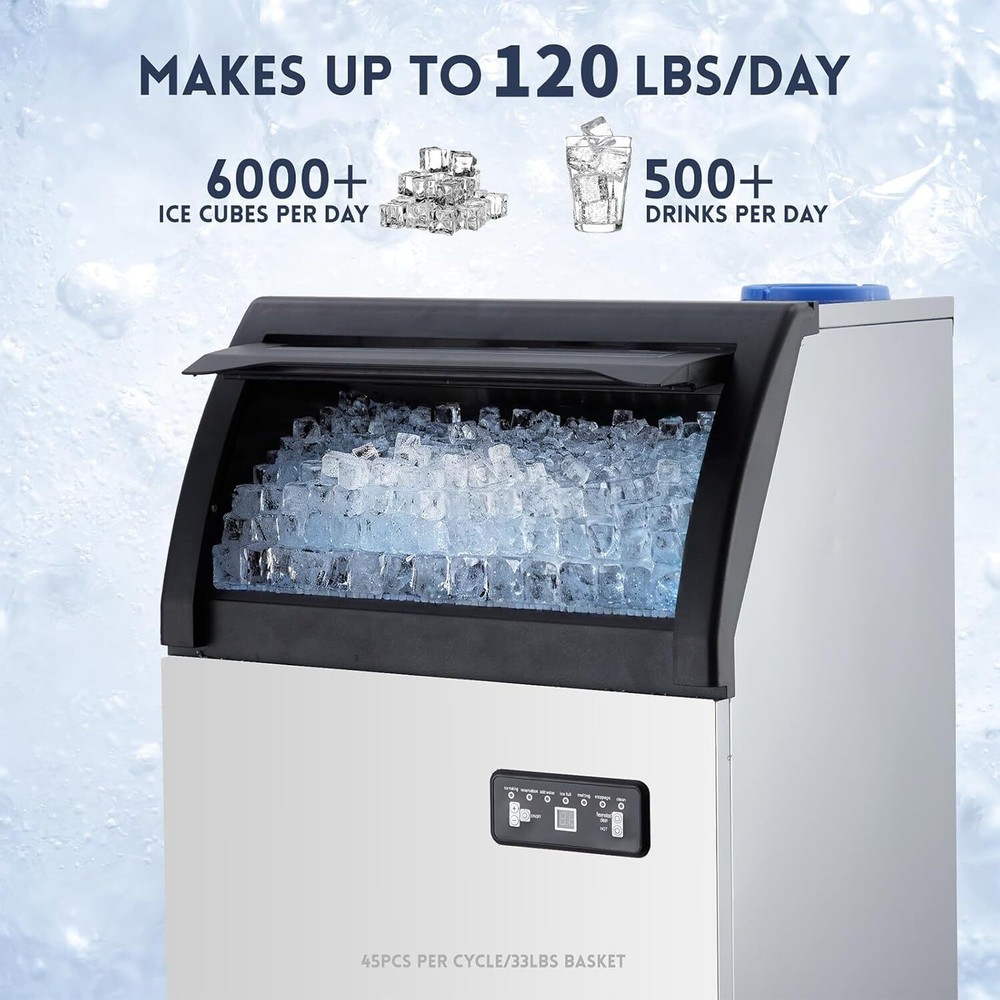 120LBS Commercial Ice Maker Built-in Ice Cube Machine 33Lbs Bin Storage
