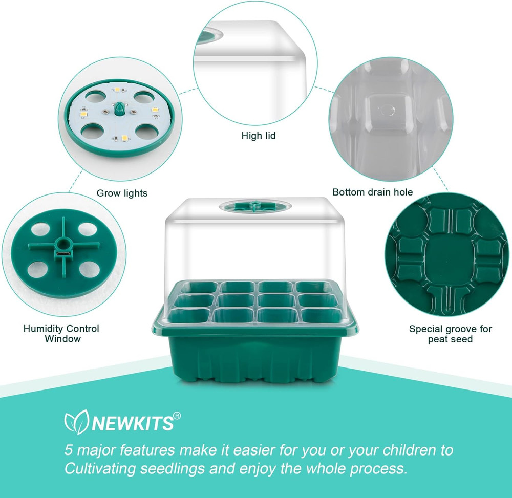 Seed Starter Tray with Grow Light 12 Cell Germination Kit Humidity Dome