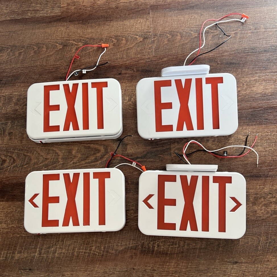 Wired Exit Signs 1 Double Sided & 3 One Sided  AS IS UNTESTED