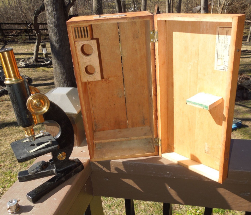 Antique Cast Iron Microscope Germany Brass Black Microskope w/ Case