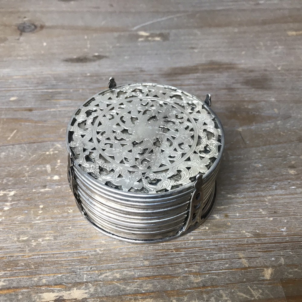 Complete Set, 12 Webster Sterling silver on Glass 3" Coasters with Holder