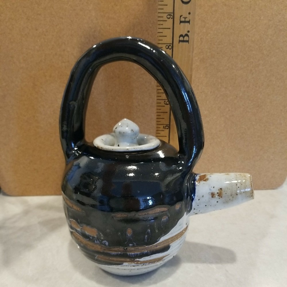 Drip Glazed Clay Teapot Handmade Signed Molded Handle Stubby Spout