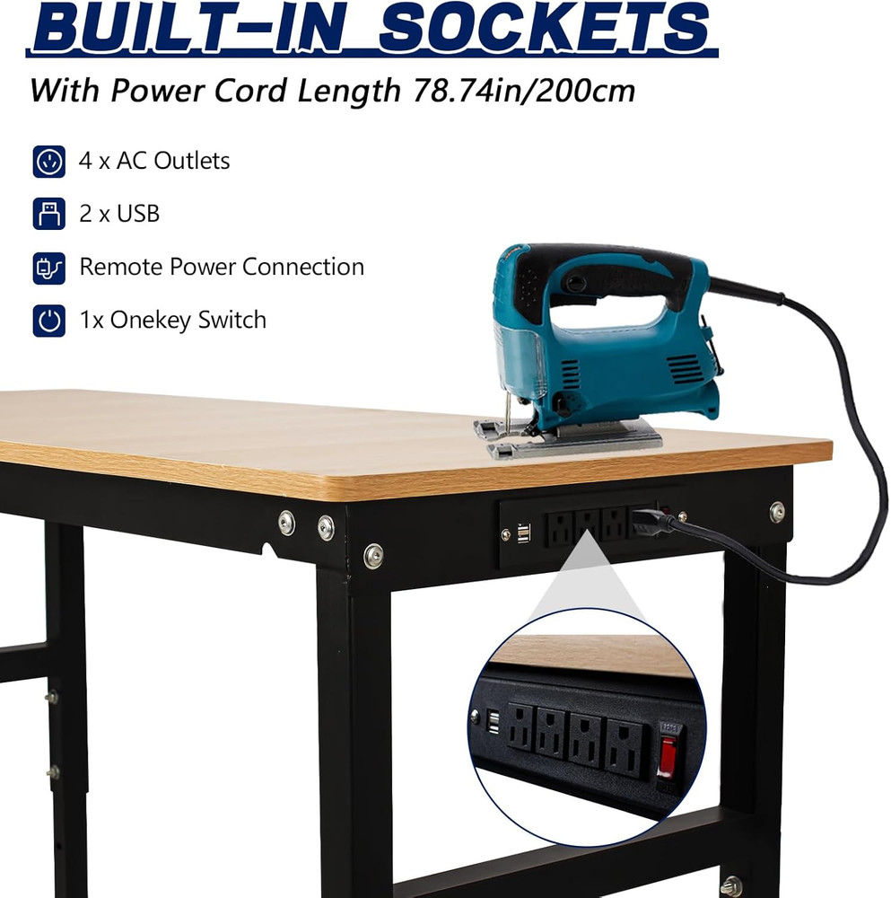 48'' Adjustable Workbench with Power Outlet, 2000 Lbs Capacity Work Benches for