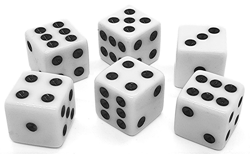 Lot (6) 16mm White Dice Black Pips Squared Corners + Storage Pouch
