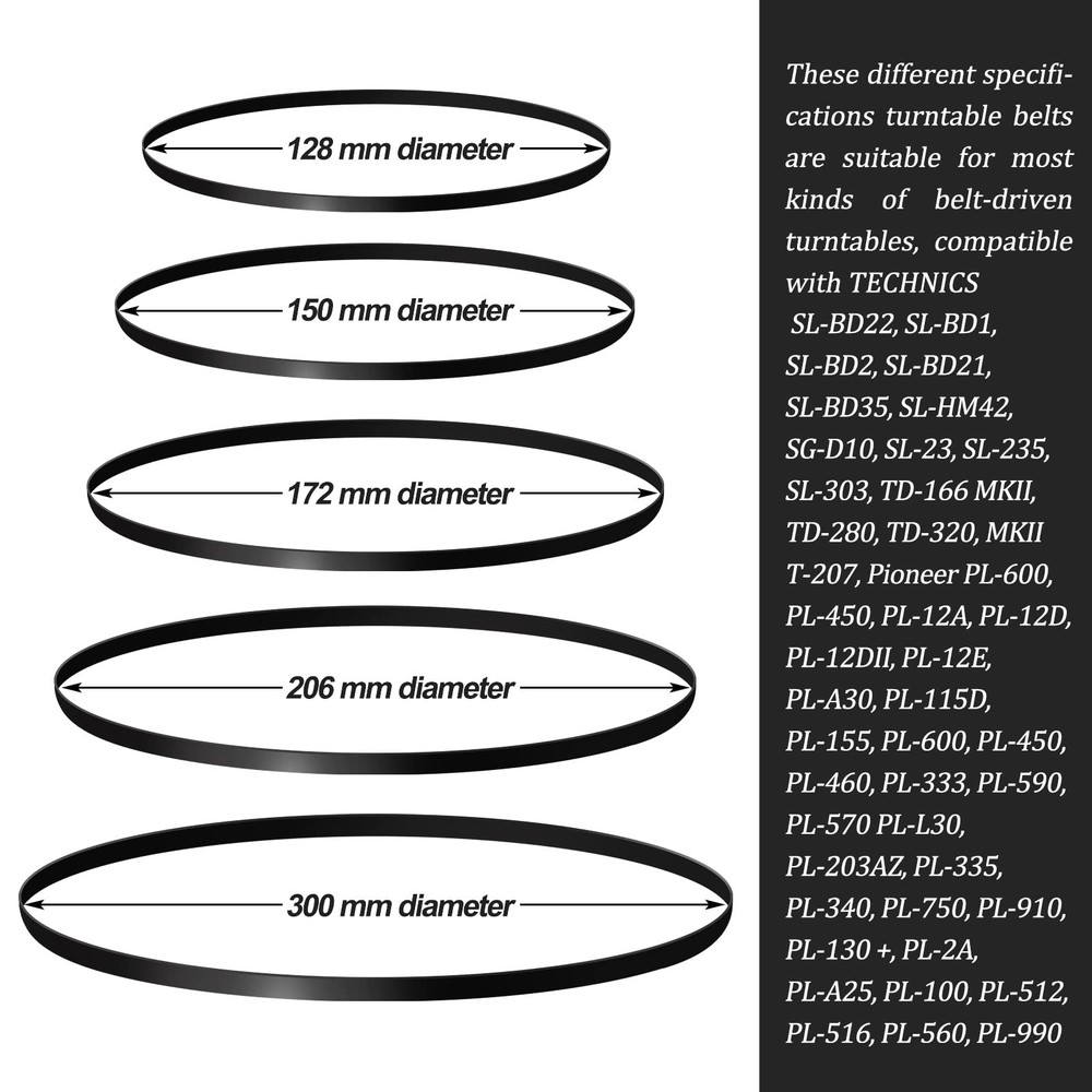 10 Pieces Turntable Belt Different Specifications Machine 5 Sizes, Black