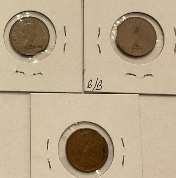 3 Canada 1c Cent - Errors - Clipped Planchets. 1961, 1962 & 1968 coins